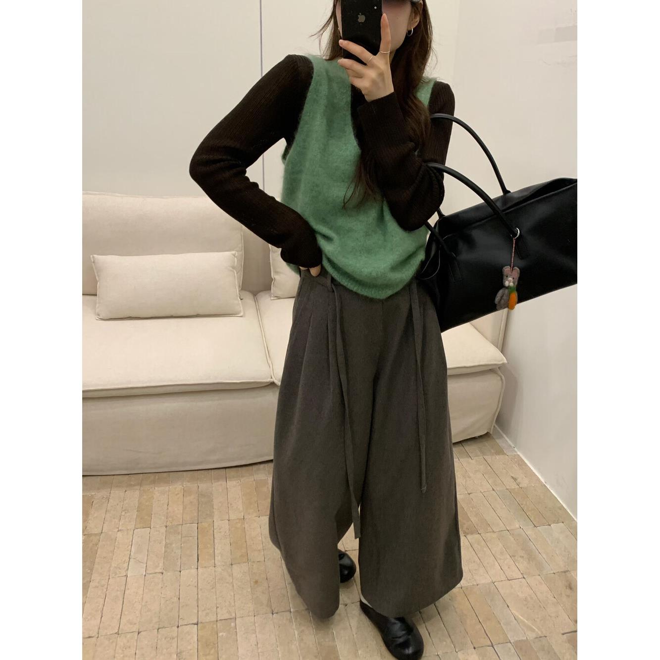 现货Limoen里墨恩松弛腰带阔腿裤女含羊毛百搭后松紧休闲长裤9631