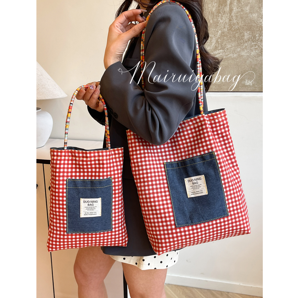 双面美式复古格子牛仔帆布托特包