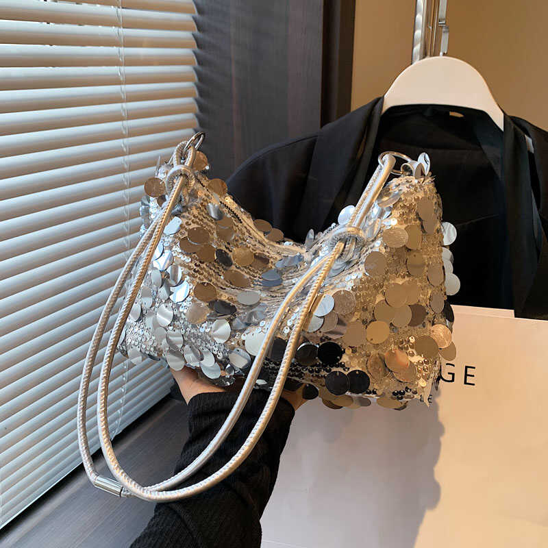 麦瑞雅时尚银色亮片链条水桶包