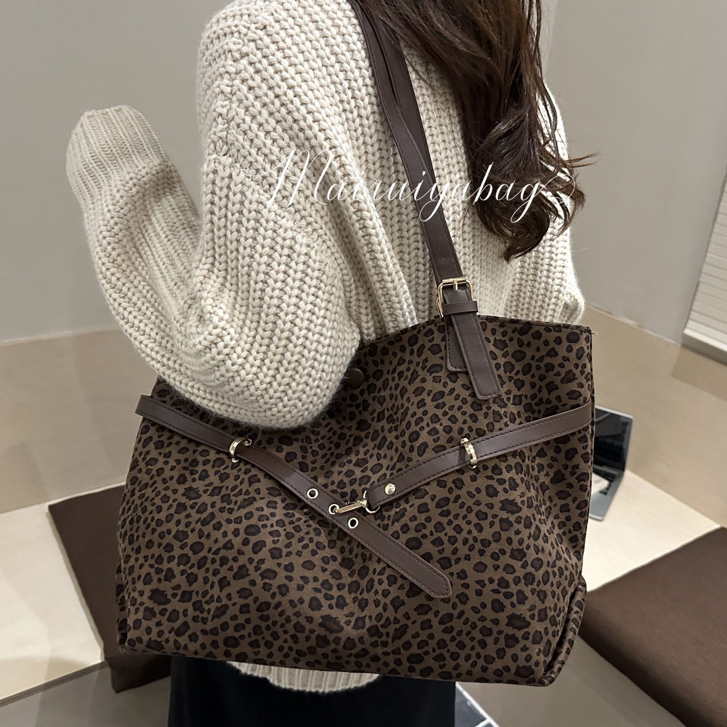 皮带扣大容量豹纹慵懒松弛托特包