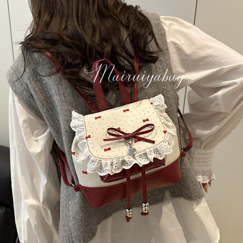 可爱撞色蝴蝶结蕾丝绑带双肩包