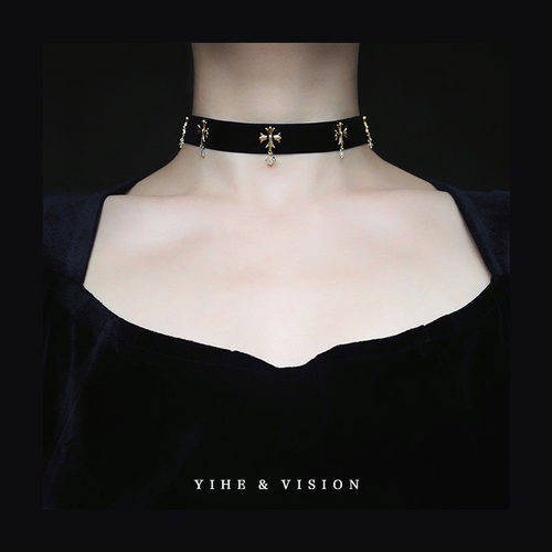 YIHE  原创设计欧式纹样复古宫廷黑色金属白水晶气质款choker