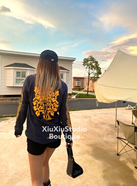 【xiuxiustudio】自主美式休闲复古印花长袖宽松圆领T恤上衣潮女