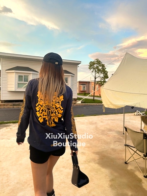 【xiuxiustudio】自主美式休闲复古印花长袖宽松圆领T恤上衣潮女