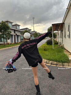 秋冬打底上衣T恤 自主usa限定黑粉华夫格印花长袖 xiuxiustudio