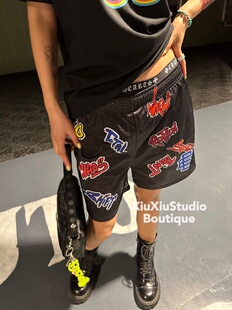 【XIUXIUSTUDIO】自主美式涂鸦字母洞洞裤超薄休闲宽松短裤男女潮