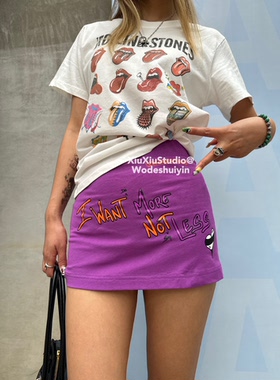 xiuxiustudio自主美式字母紫色印花半身裙女高腰显瘦超短包臀裙