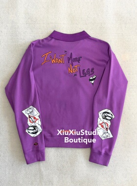 【xiuxiustudio】自主复古紫色polo涂鸦印花宽松休闲男女翻领长袖