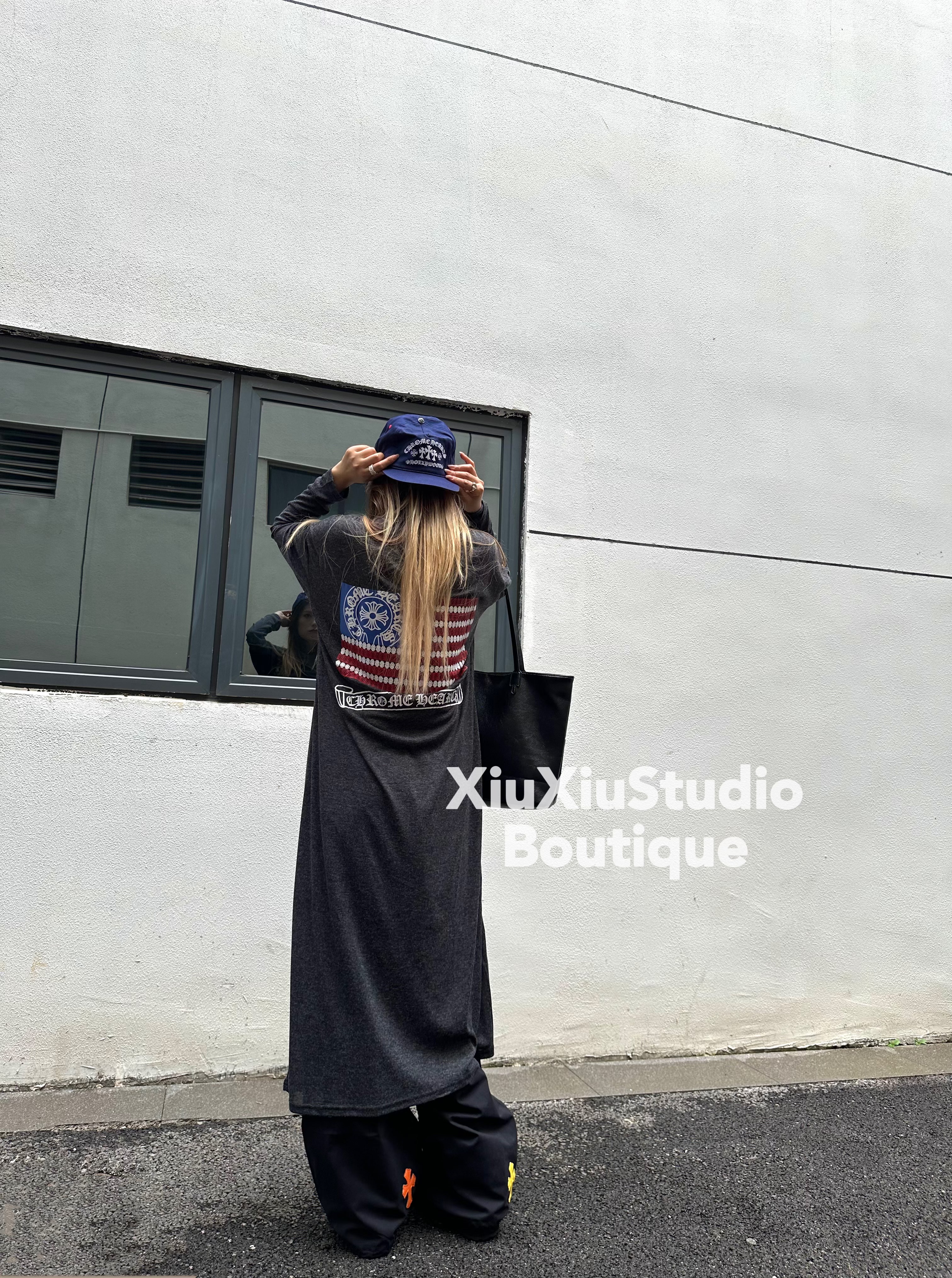 xiuxiustudi美式复古休闲宽松街头星条旗防晒罩衫连衣裙长款T恤潮