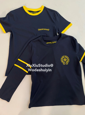 xiuxiustudio自主涂鸦藏青色拼色条纹七分袖女款休闲显瘦短袖T恤