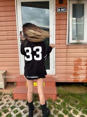 【xiuxiustudio】自主美式33字母黑白印花宽松休闲长袖T恤上衣潮