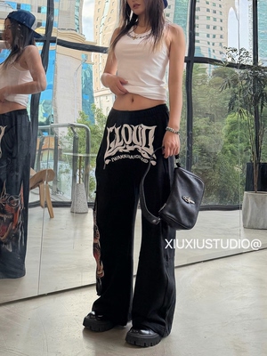 【xiuxiustudio】lisa同款杜宾犬狗头印花宽松休闲刺绣运动长裤潮