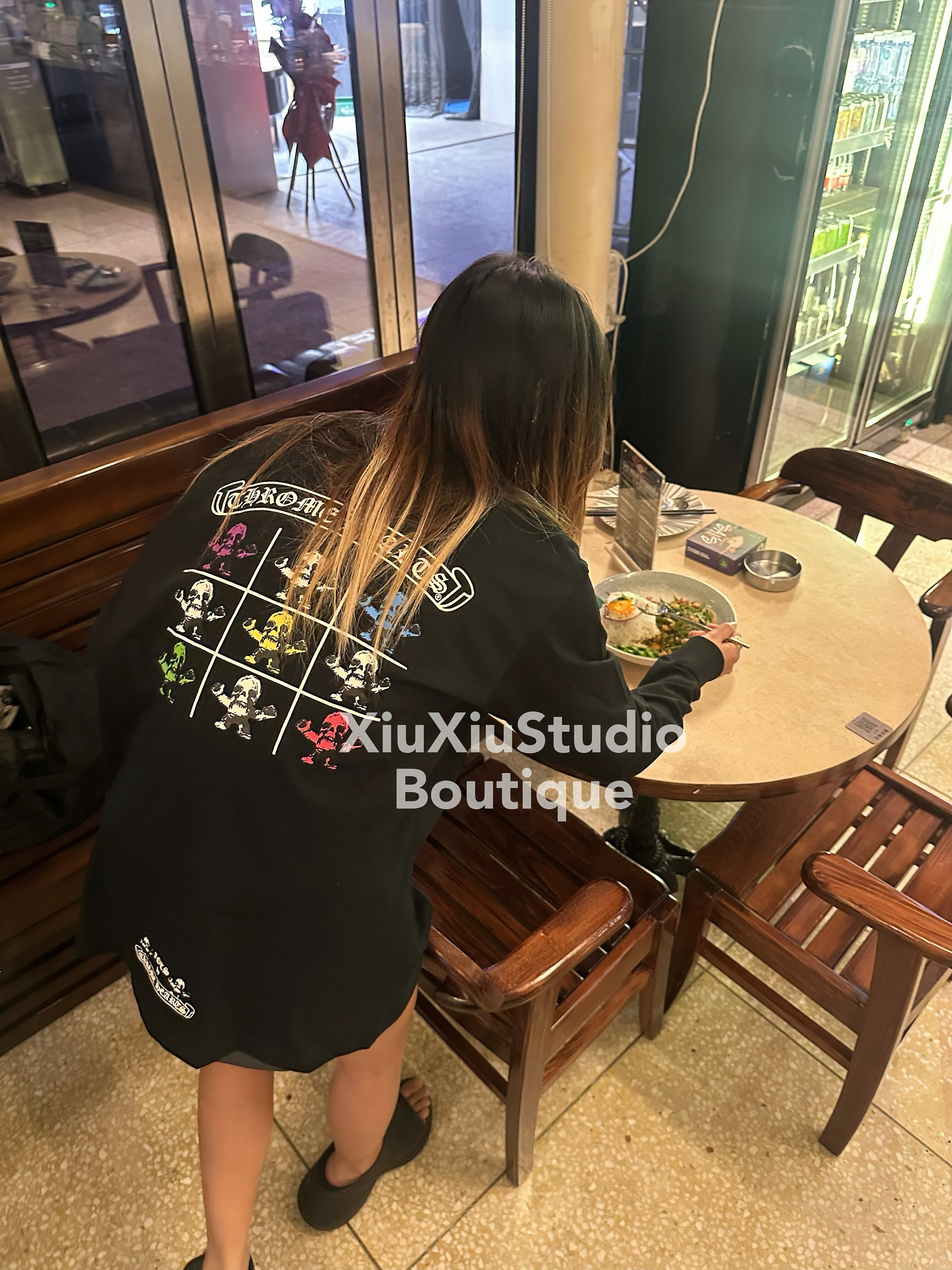 【xiuxiustudio】自主美式复古彩色foti骷髅印花宽松休闲长袖T恤