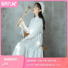 日系小清新文艺衬衫连衣裙女宽松复古百搭系带过膝甜美中长裙春秋