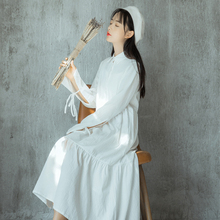 日系小清新文艺衬衫连衣裙女宽松复古百搭系带过膝甜美中长裙春秋