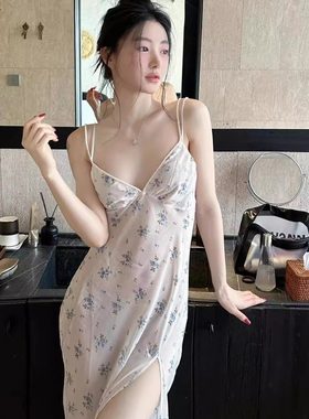 高级碎花吊带开叉睡裙女夏季新款