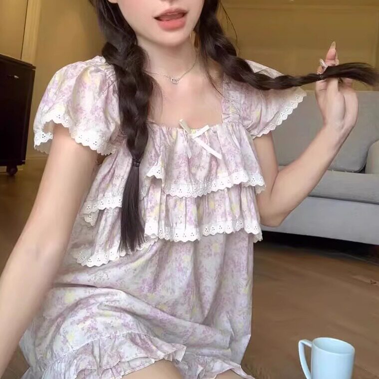 韩版甜美公主风蕾丝花边睡衣套装