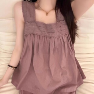 宽松大码胖mm吊带睡衣女夏季简约紫色棉麻背心阔腿长裤家居服套装