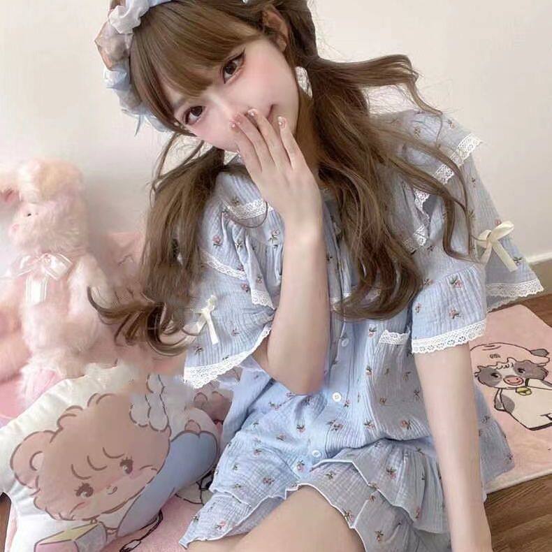 田园碎花韩版睡衣女夏季短袖套装