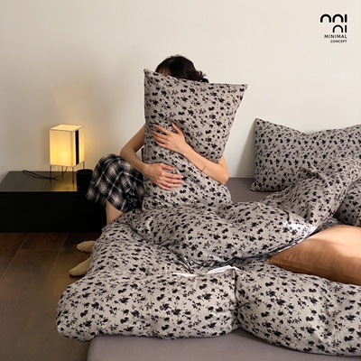 A类针织棉三件四件套黑灰花卉