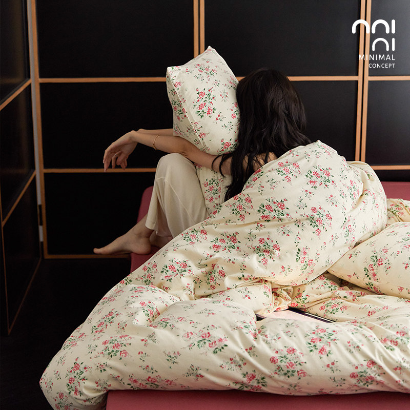 Minimal山茶烂漫｜韩系ins针织棉四件套全棉100纯棉被套床上用品,床上用品,床品套件/四件套/多件套,淘宝优惠券,粉丝福利购,淘宝优惠卷