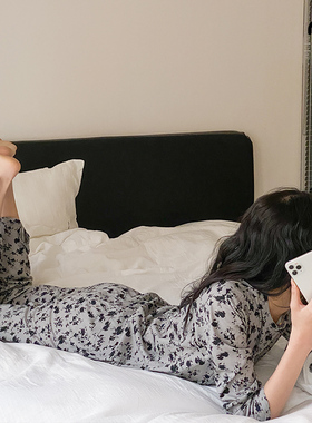 Minimal中古黑灰花｜A类超柔弹力春秋针织棉长袖睡衣纯棉家居服