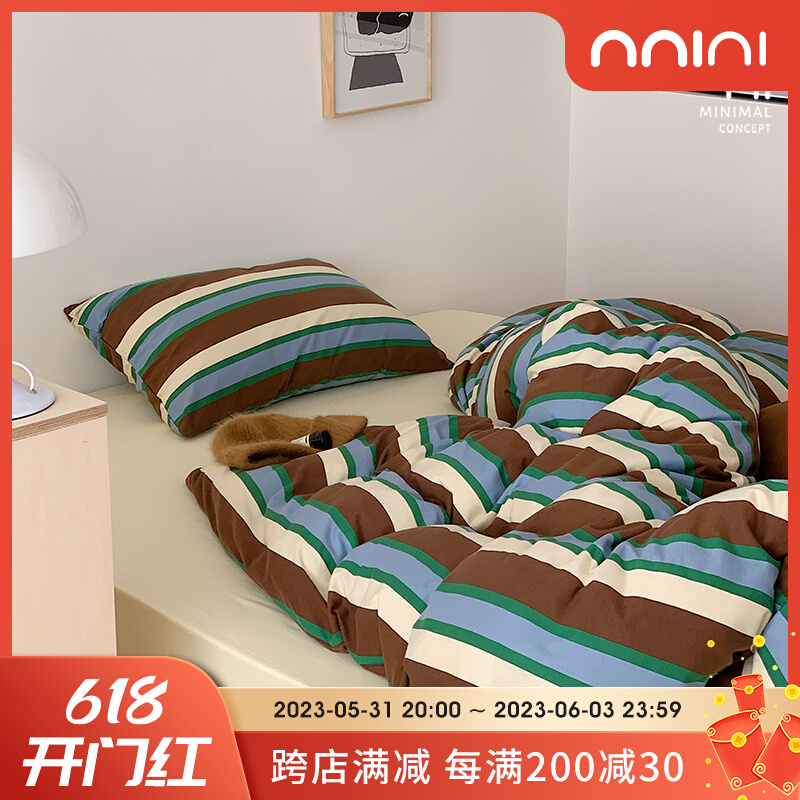 Minimal巴特农神殿春夏新款撞F色复古A类针织棉四件套床单床笠