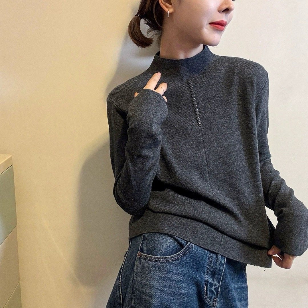 小半高领纽扣羊毛针织衫女欧洲站2025冬装新款欧货女装打底小衫潮