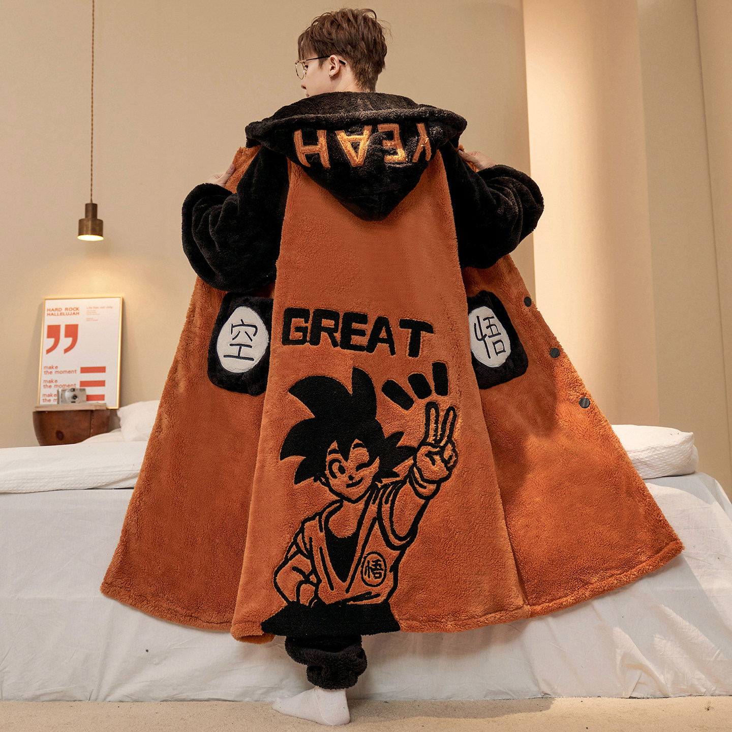 悟空睡袍男士秋冬季珊瑚绒厚款加绒加肥大码300斤浴袍套装家居服