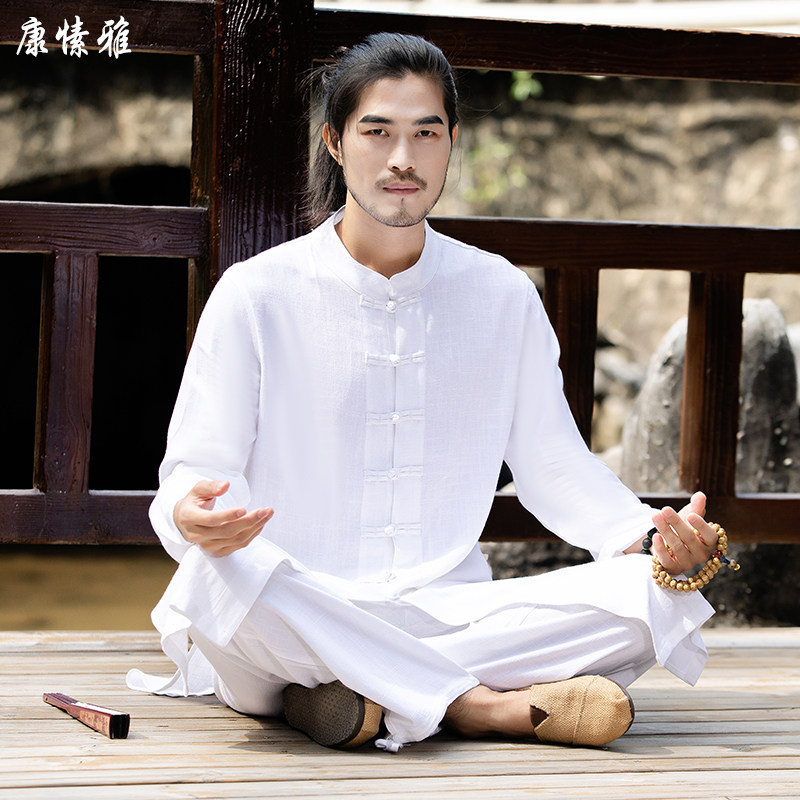 康愫雅棉麻太极服男瑜伽服套装仙气飘逸禅修服白色禅意居士打坐服