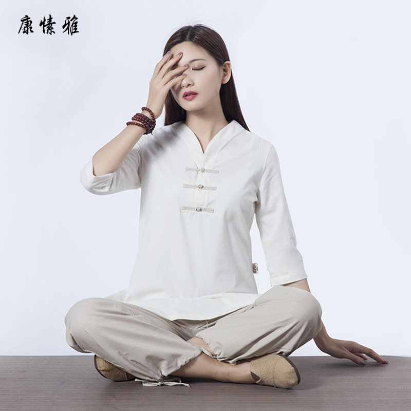 康愫雅棉麻瑜伽服套装女白色亚麻宽松打坐禅修服居士服太极服茶服