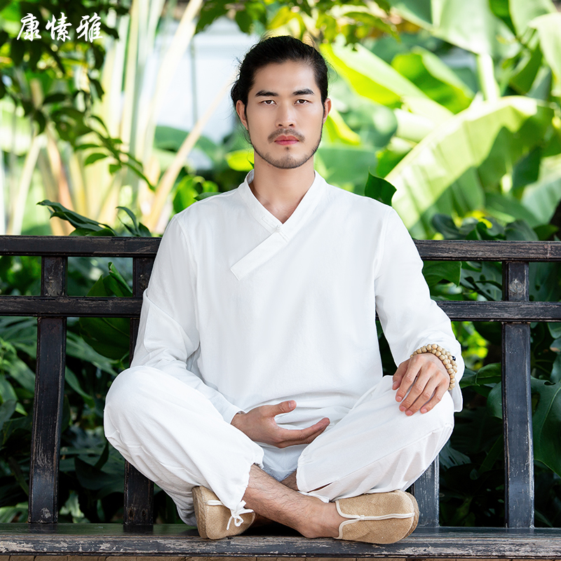 康愫雅棉麻瑜伽服套装男禅修服宽松禅意居士服白色禅服练功太极服
