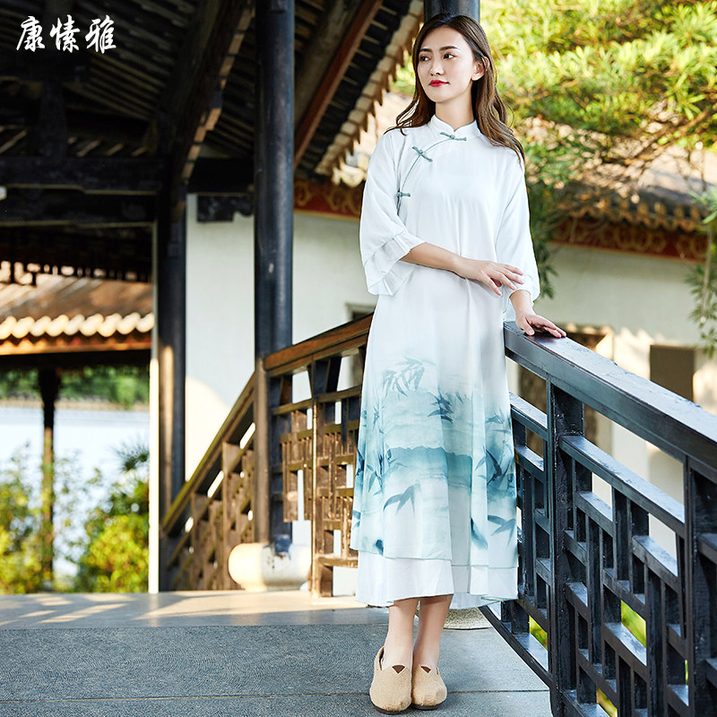 康愫雅禅服女民族风盘扣复古宽松气质仙气旗袍改良版雪纺纱连衣裙