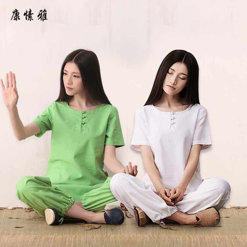 康愫雅棉麻瑜伽服套装女白色短袖瑜珈服打坐服禅修服居士服养生服