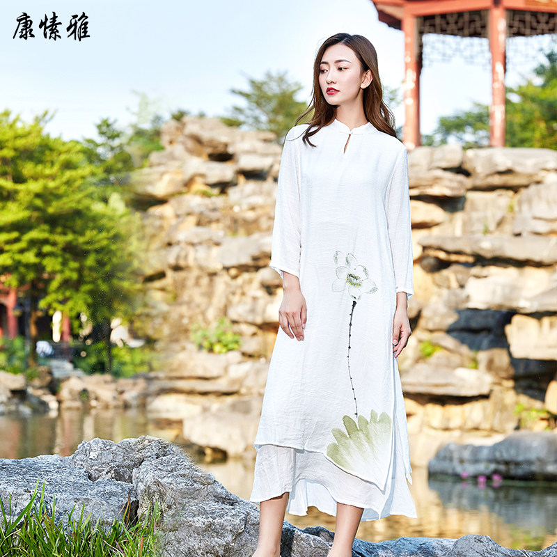 康愫雅天丝棉仙气飘逸女装荷花叶连衣裙休闲复古宽松大码文艺长裙