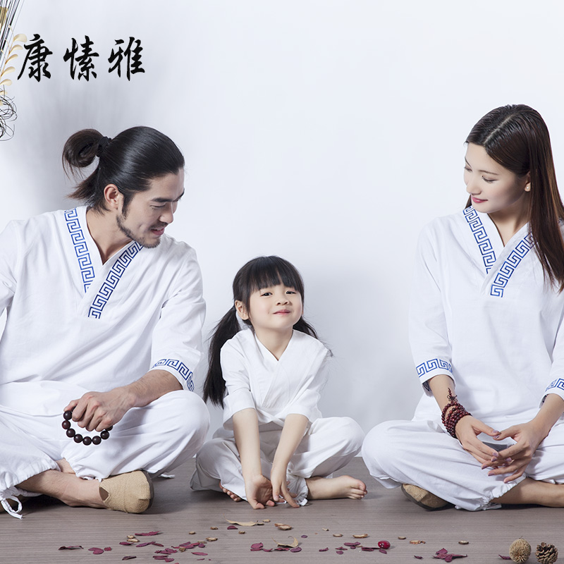 康愫雅户外男童女童瑜伽服亲子装棉麻白色禅修服居士服男女中国风