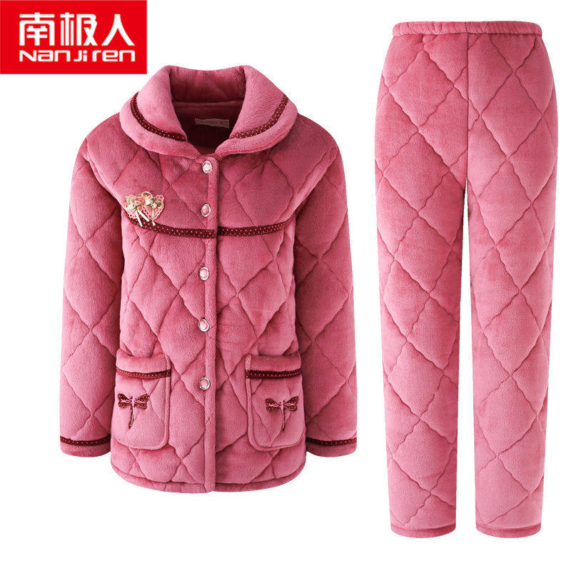 南极人高档冬季超厚三层法兰绒夹棉睡衣女士中老年珊瑚绒家居服女怎么样,好用不?