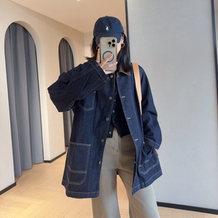 时髦复古工装风灯芯绒翻领宽松显瘦中长款牛仔外套女2026秋冬新款