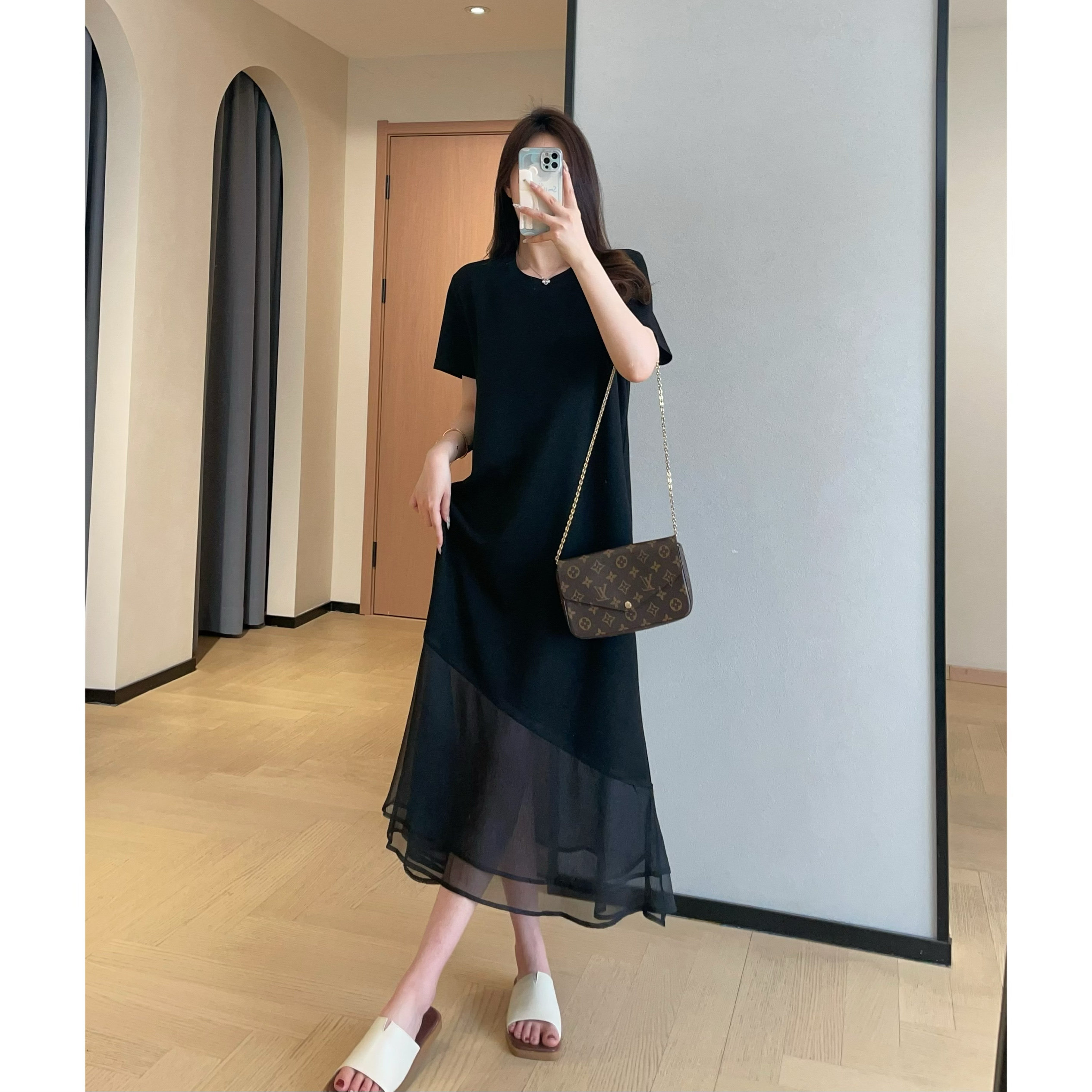 WTHEONE凉感短袖T恤裙蕾丝下摆拼接中长款宽松直筒连衣裙2025女夏