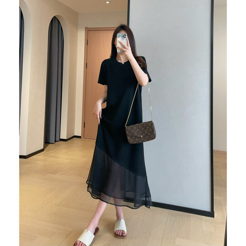 WTHEONE凉感短袖T恤裙蕾丝下摆拼接中长款宽松直筒连衣裙2025女夏