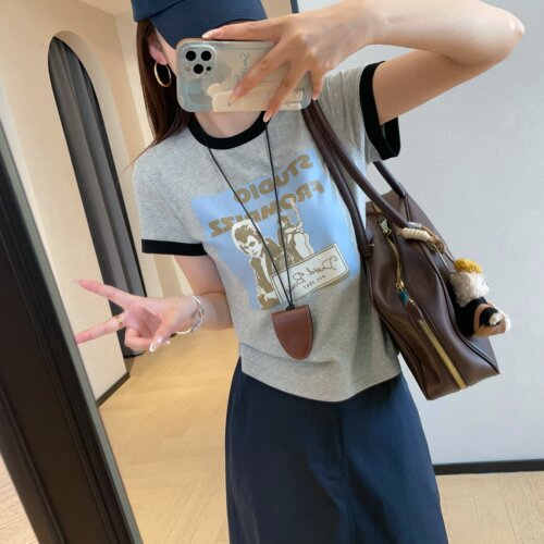 WTHEONE清仓福利美式复古摇滚印花撞色包边修身短款圆领短袖T恤夏