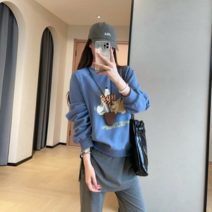 韩系减龄高品质毛圈棉手绘小狗印花套头圆领短款卫衣女2026秋新款