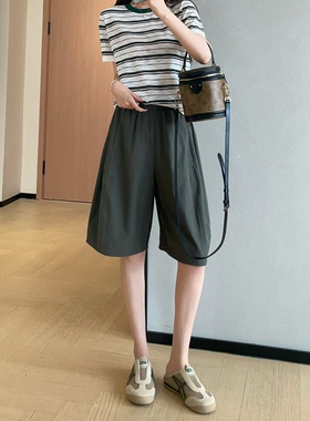 WTHEONE夏季凉感神裤弹力纱微阔直筒中裤小个子五分裤女2026新款