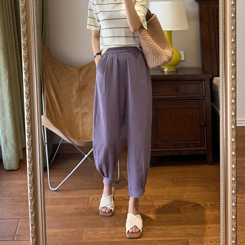 WTHEONE清仓福利巨凉快透气天丝亚麻裤女松紧腰九分哈伦裤夏薄款