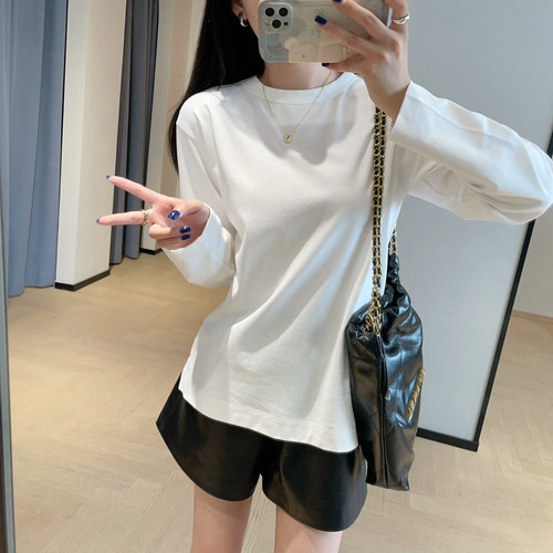 WTHEONE高品质匹马棉开叉长袖T恤宽松显瘦白色打底上衣女秋冬新款
