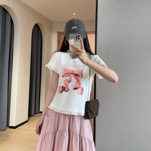 WTHEONE温柔灵动立体蝴蝶结印花双层木耳边圆领短袖T恤女2026新款