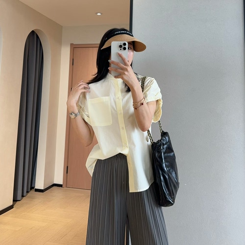 翻边袖口设计日系全棉圆领衬衫