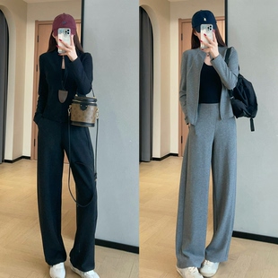 超显瘦闪电套装桑蚕丝羊毛阔腿裤短款立领外套两件套女2026秋新款