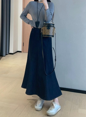 WTHEONE复古优雅亮丝牛仔鱼尾裙高腰显瘦中长款半身裙女2026春夏