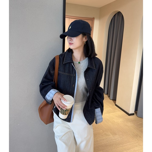 WTHEONE高品质拼接格纹小个子短款天丝翻领牛仔衬衫外套女2025秋